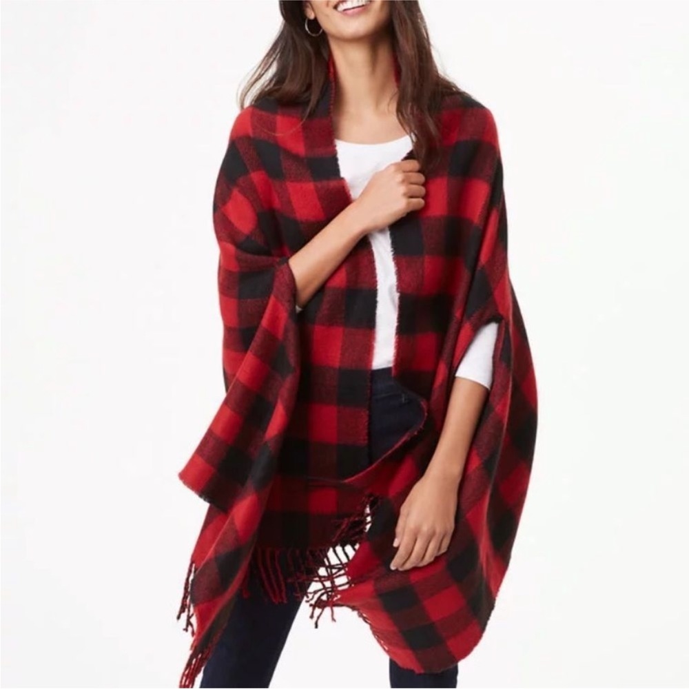 LOFT RED PLAID SOFT COZY PONCHO CAPE